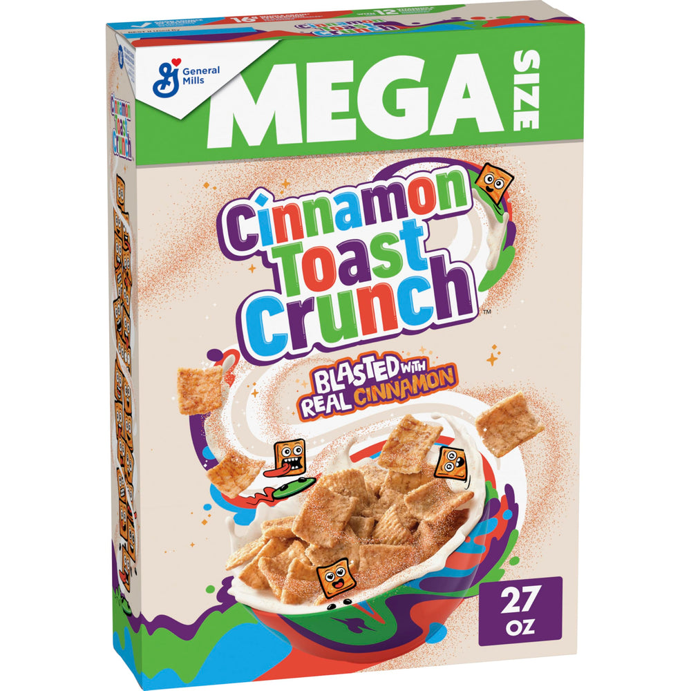 Cinnamon Toast Crunch Mega Size box front, ready for family breakfast.