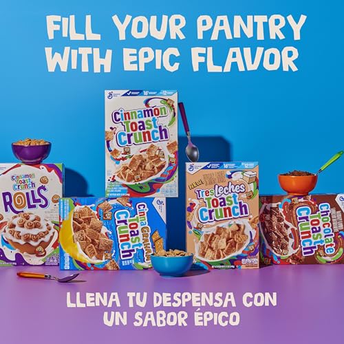 Pantry shelf with Cinnamon Toast Crunch box for easy mornings.
