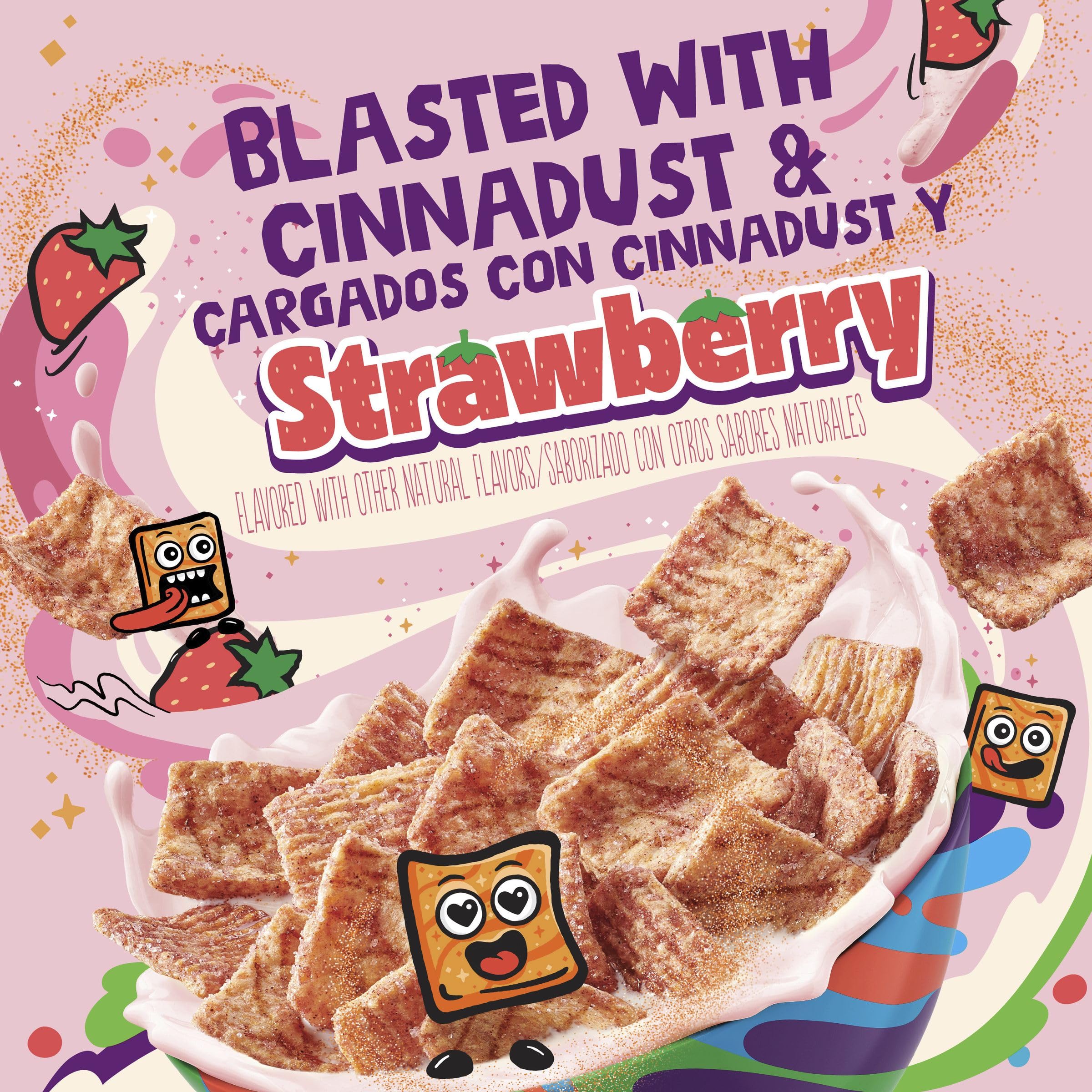 Cinnamon Toast Crunch strawberry flavor bowl scene showcases tangy-sweet taste.