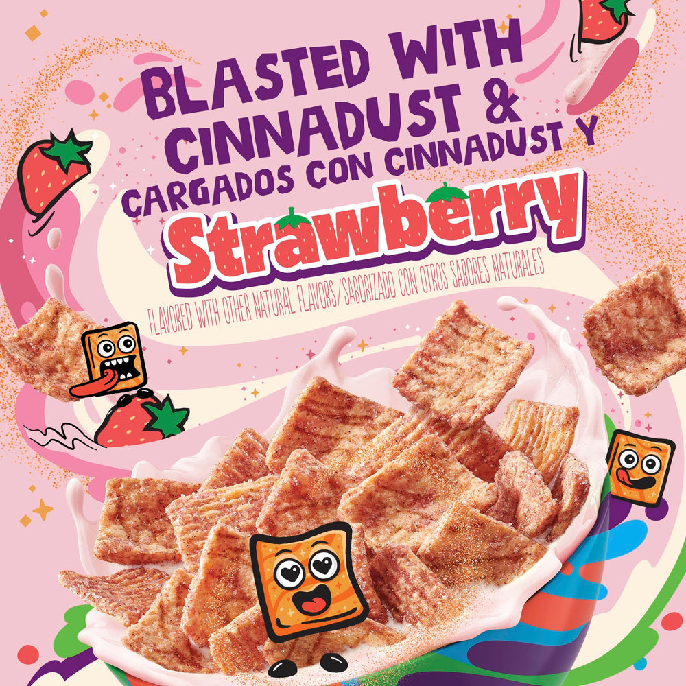 Cinnamon Toast Crunch strawberry flavor bowl scene showcases tangy-sweet taste.