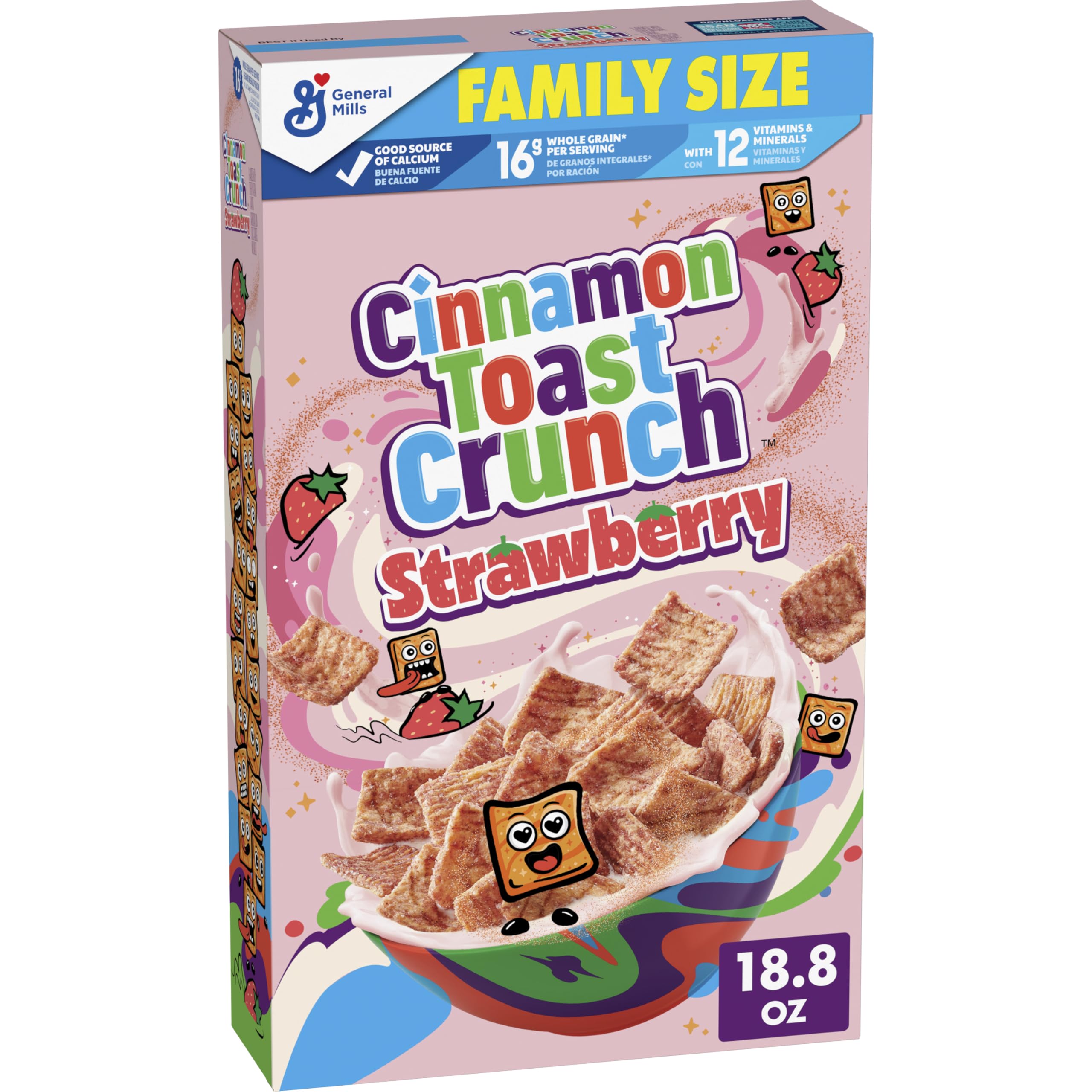 Cinnamon Toast Crunch strawberry squares in milk deliver nostalgic breakfast crunch.