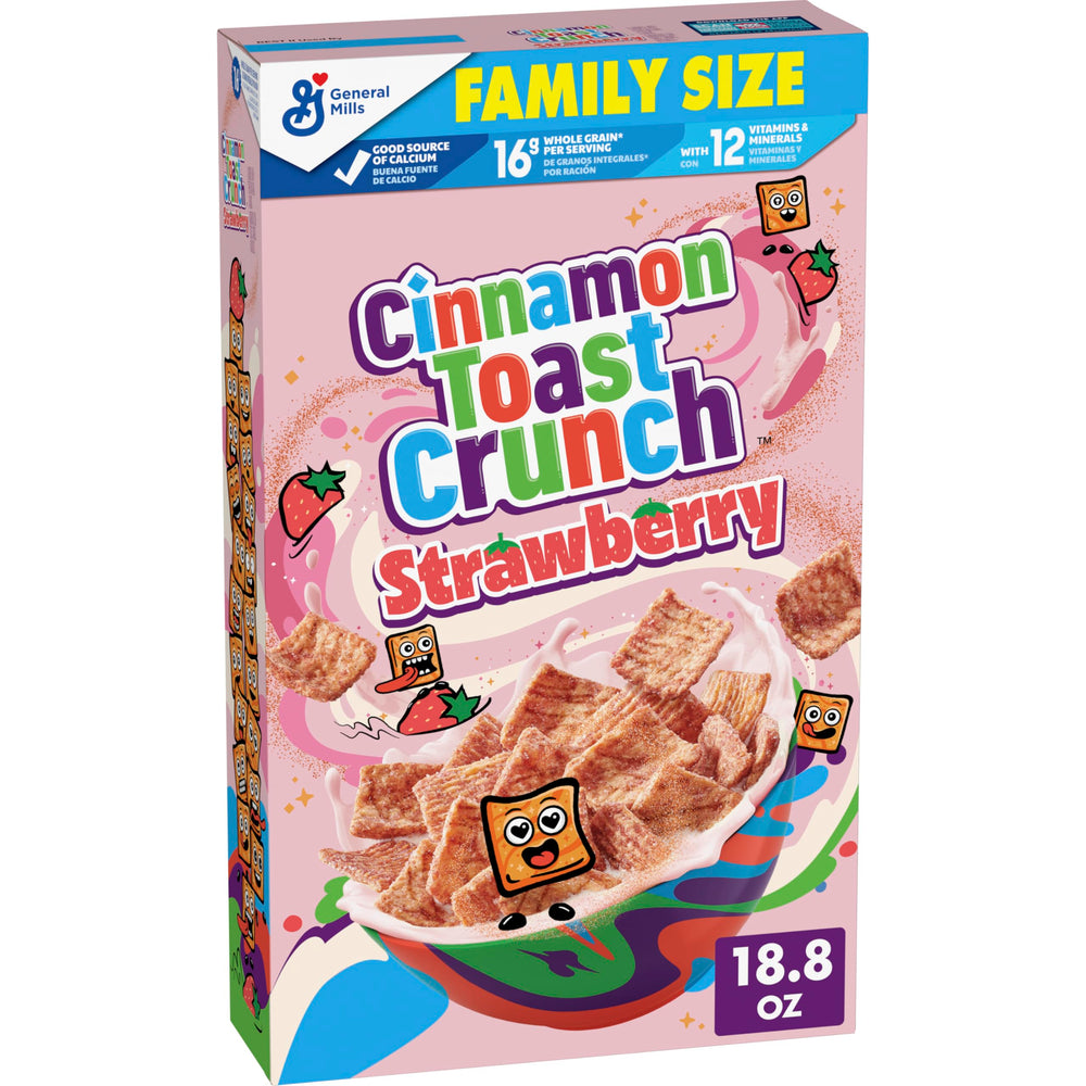 Cinnamon Toast Crunch strawberry squares in milk deliver nostalgic breakfast crunch.
