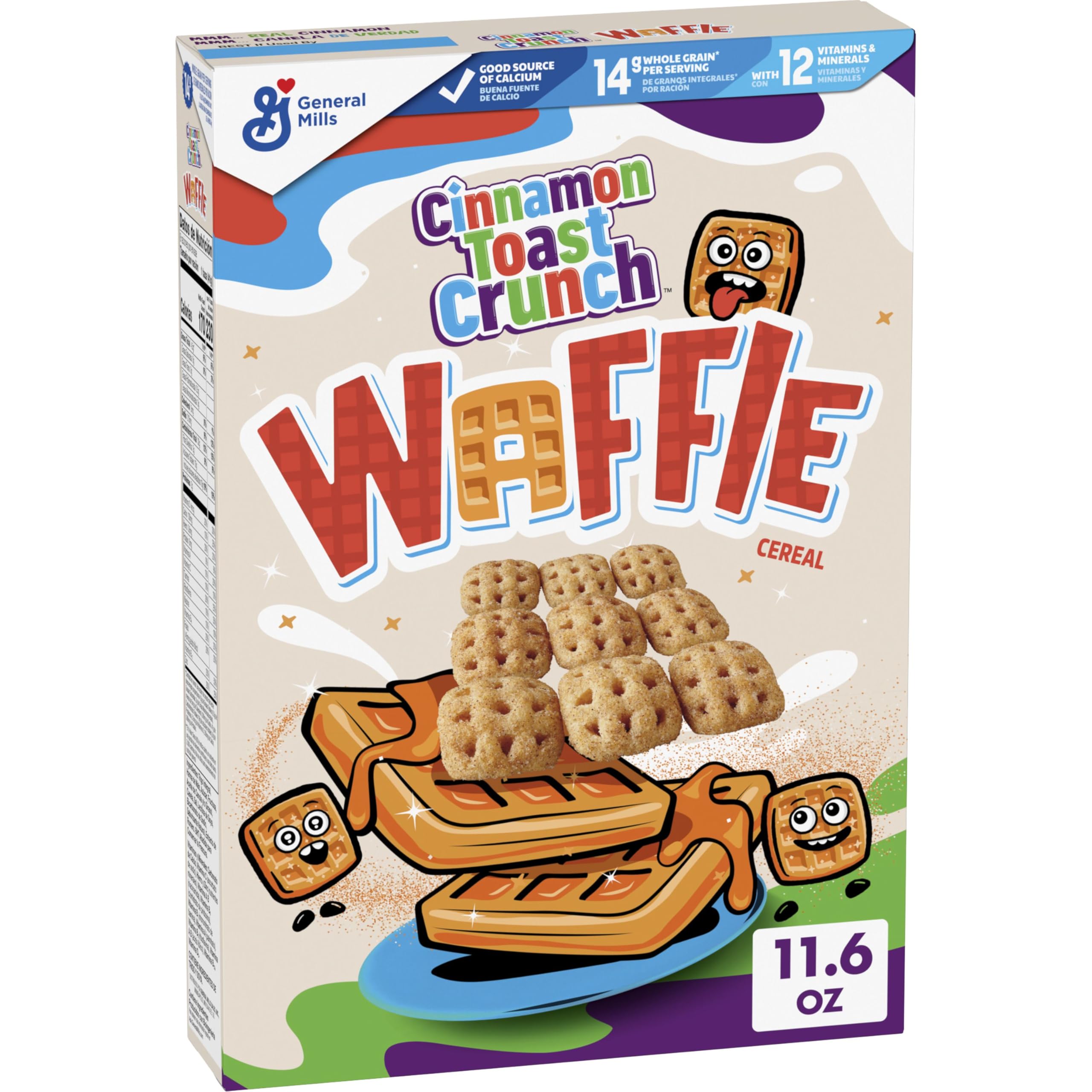 Cinnamon Toast Crunch Waffle Cereal in bowl with milk and CINNADUST crunch.