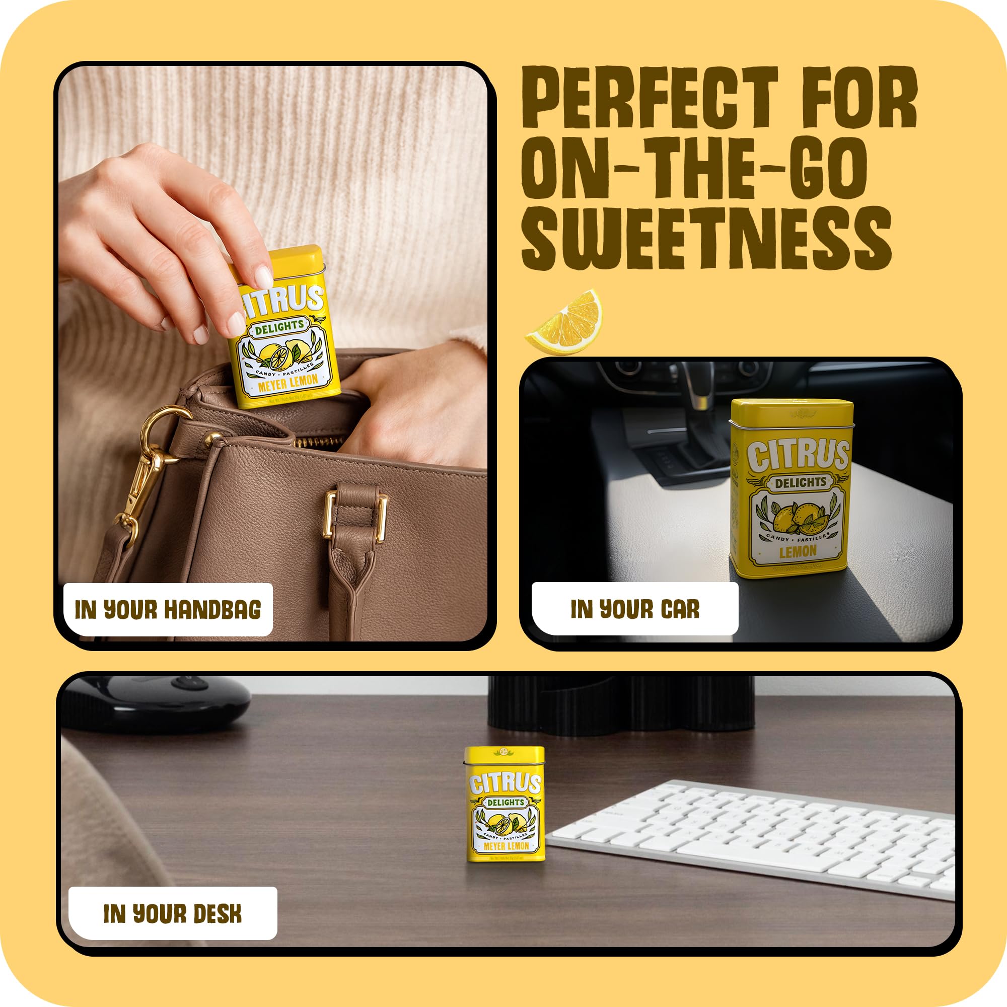 Citrus Delights Meyer Lemon candy packaging label highlights vegan and gluten-free status