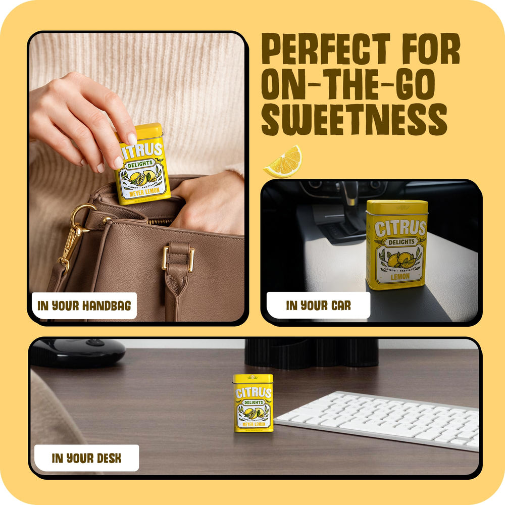 Citrus Delights Meyer Lemon candy packaging label highlights vegan and gluten-free status