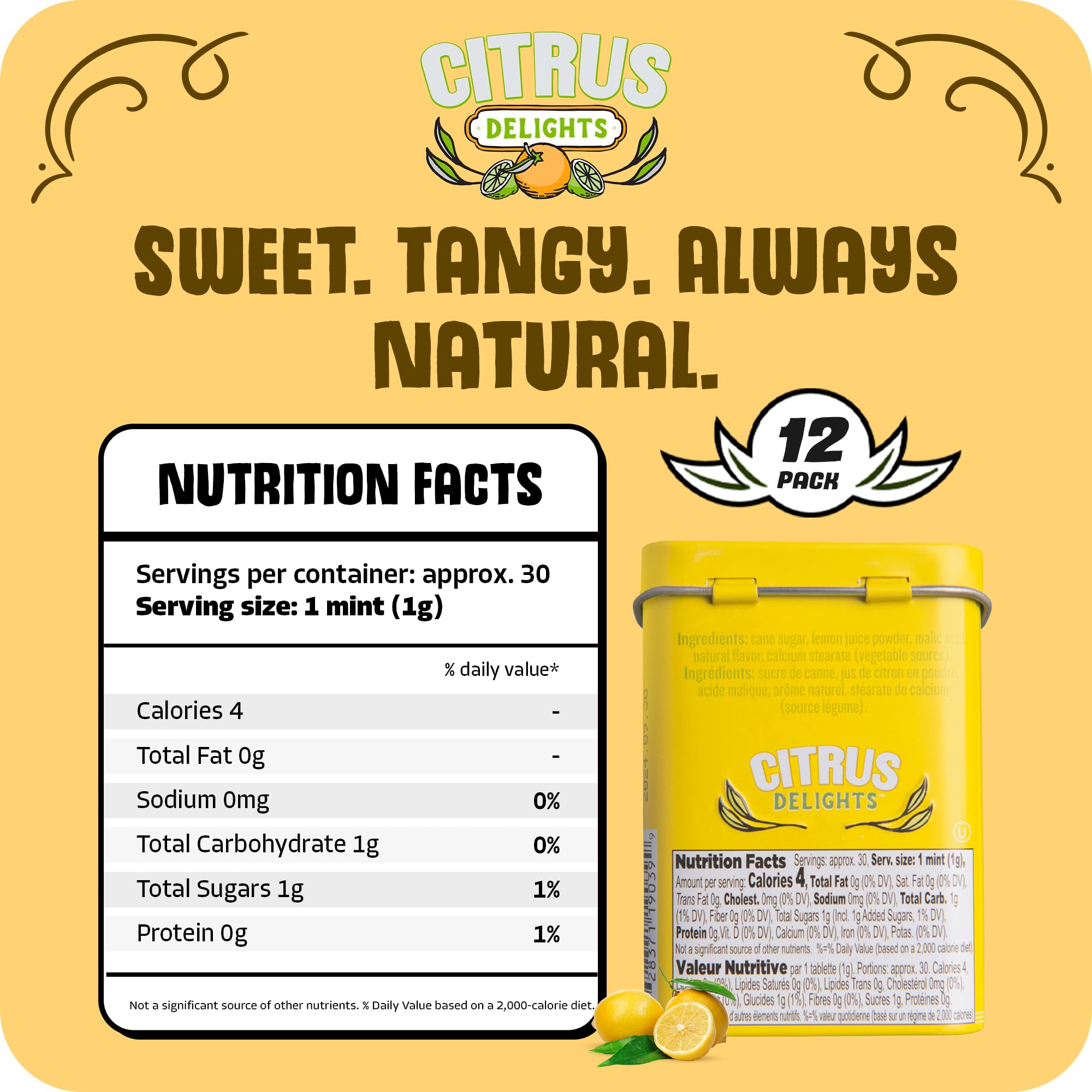 Citrus Delights Meyer Lemon candy tin back shows certification and flavor notes