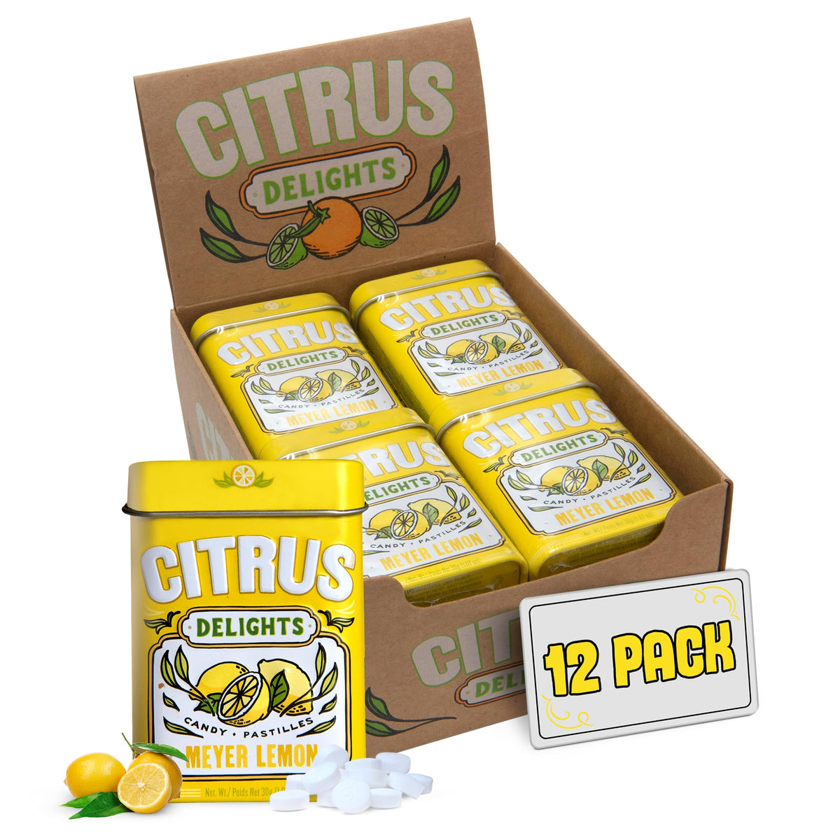 Citrus Delights Meyer Lemon candy tin front view for easy gifting