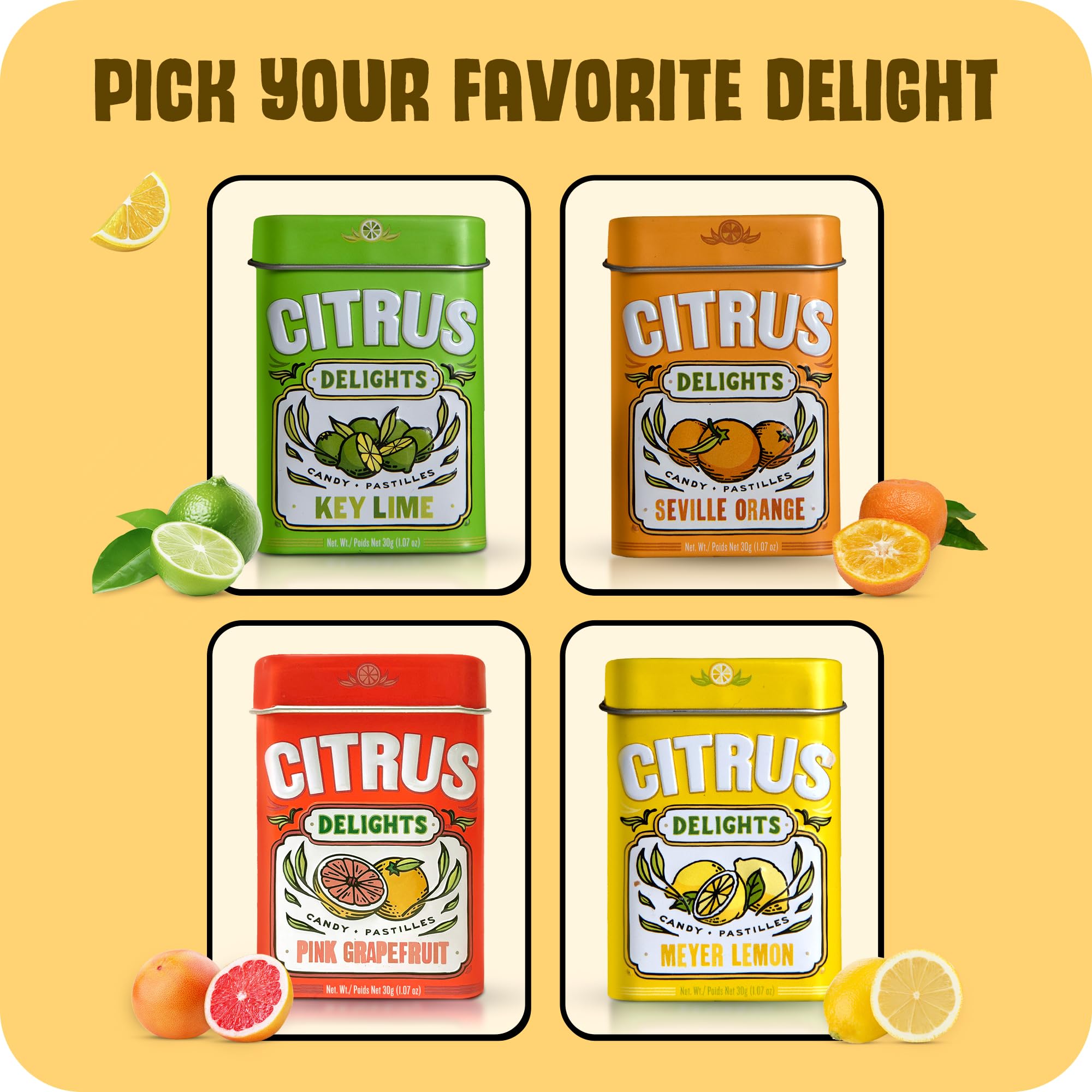 Citrus Delights Meyer Lemon candy tin open reveals single-serving pieces
