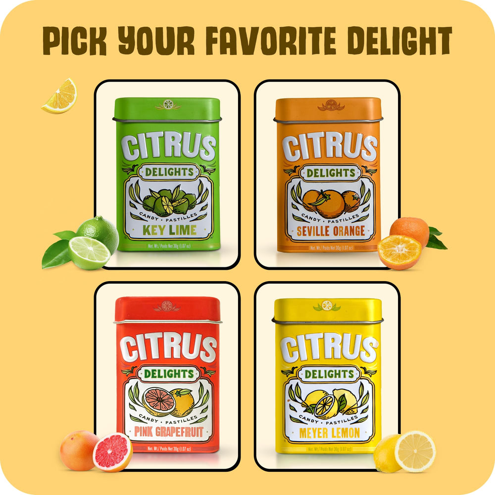 Citrus Delights Meyer Lemon candy tin open reveals single-serving pieces