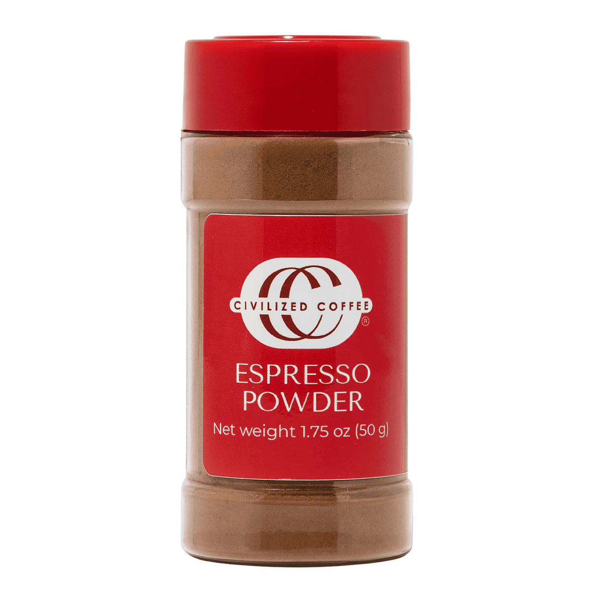Civilized Coffee Espresso Powder bottle on counter, ideal for baking and drinks.