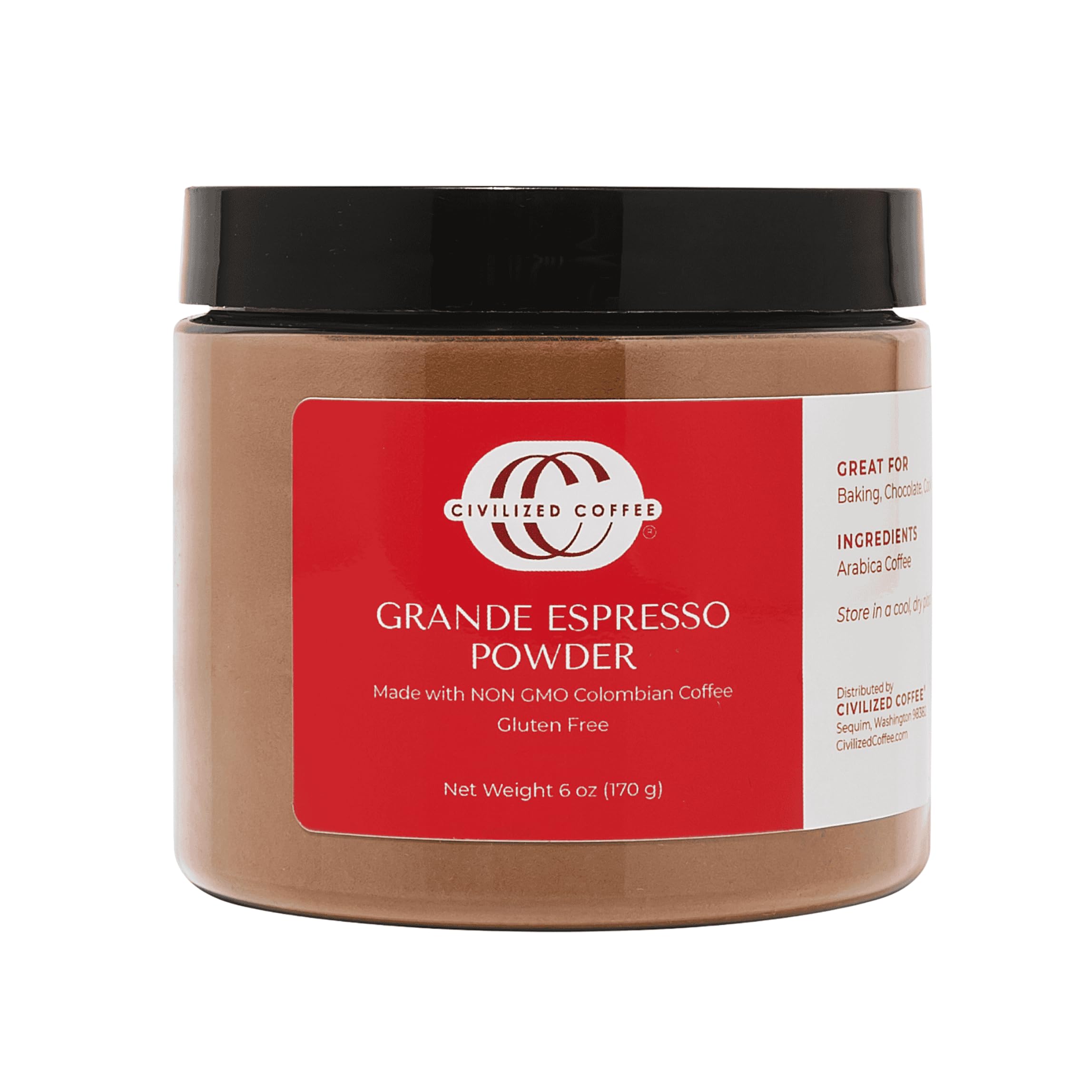 Civilized Coffee Espresso Powder Grande bottle pour shows easy storage for baking enthusiasts