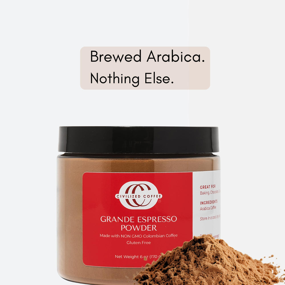 Civilized Coffee Espresso Powder jar close-up, aroma preserved for freshness.