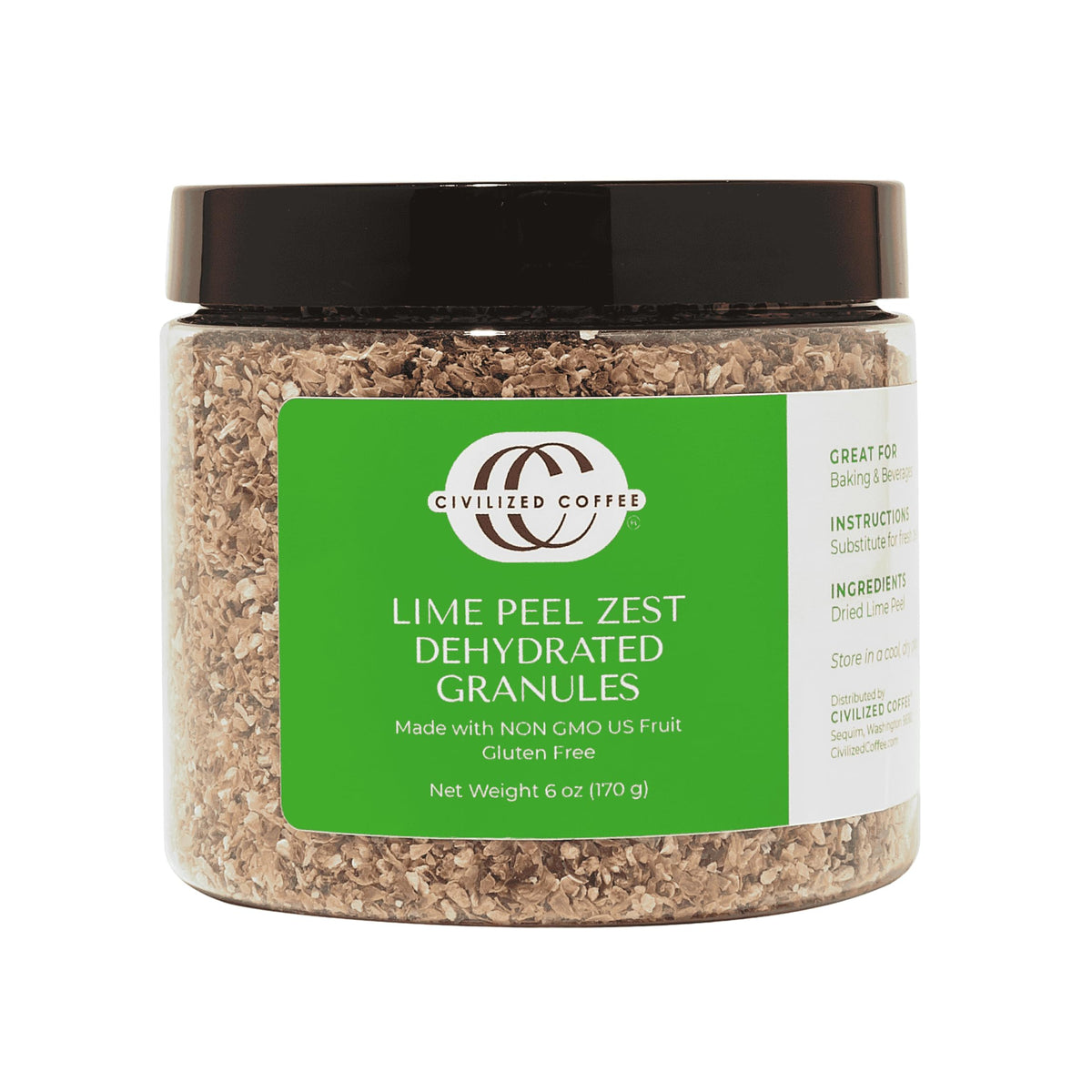 Civilized Coffee lime zest granules in a bottle add bright citrus flavor to baking.