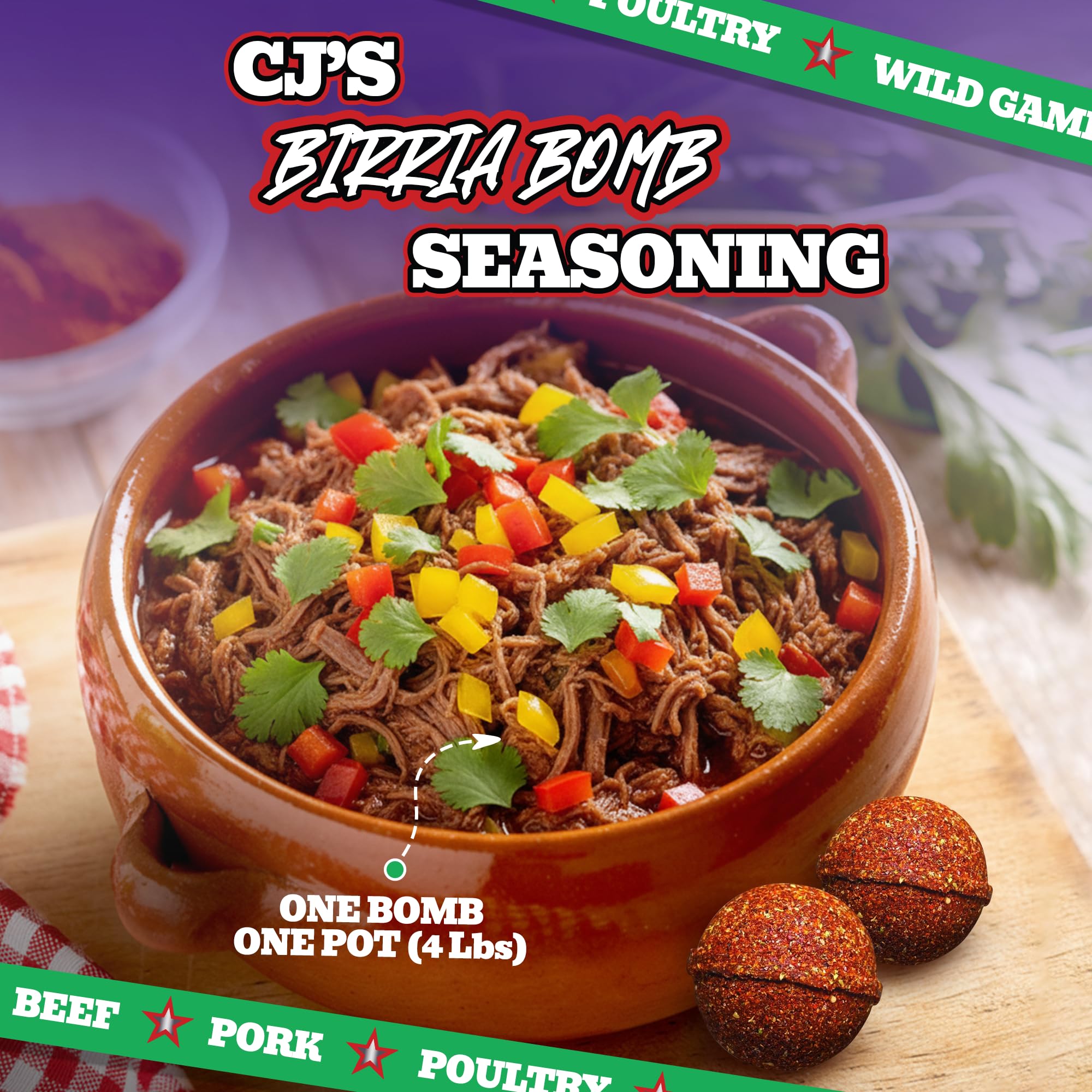 CJ'S ALL TERRAIN Birria Bomb label confirms gluten-free and MSG-free ingredients.