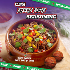 CJ'S ALL TERRAIN Birria Bomb label confirms gluten-free and MSG-free ingredients.