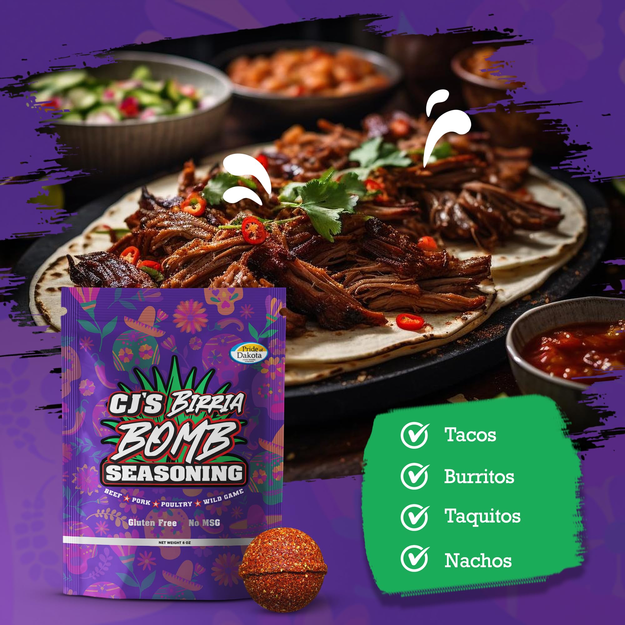 CJ'S ALL TERRAIN Birria Bomb beside tortillas ready for tacos and burritos.