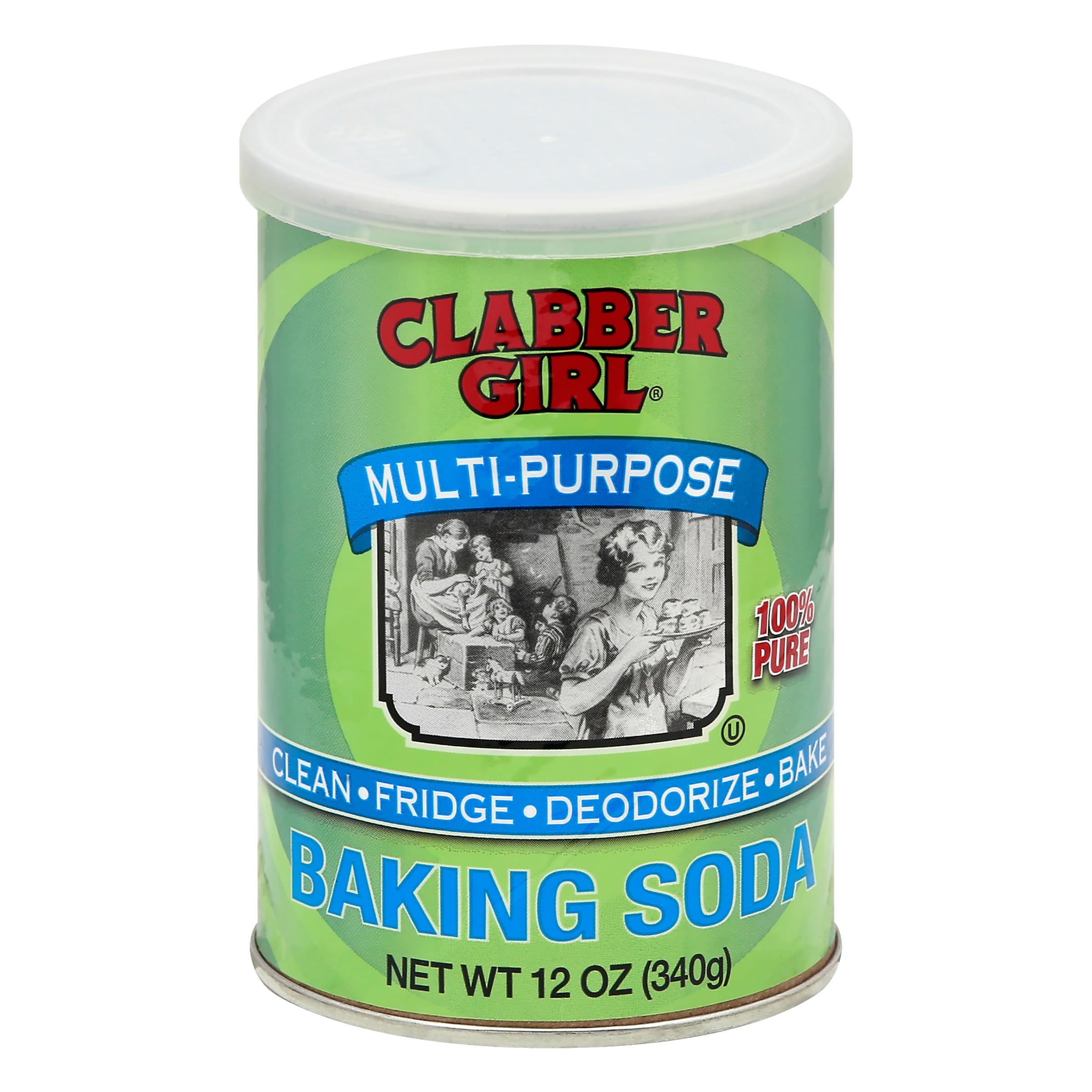 Clabber Girl 12 oz can of baking soda ready for baking and cleaning.