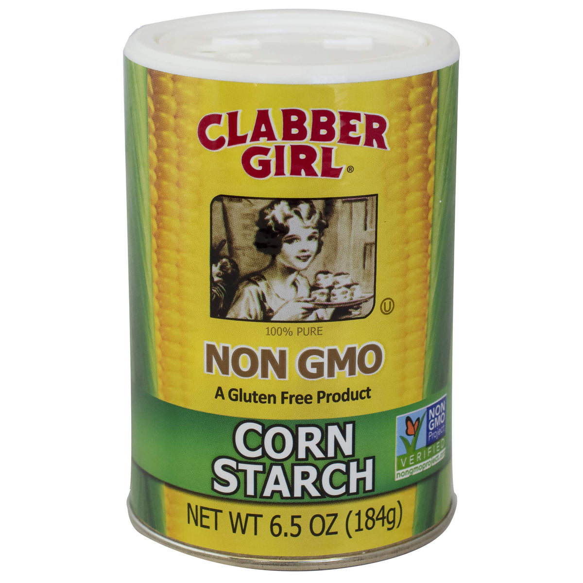Clabber Girl Non-GMO corn starch in a resealable can for gluten-free thickening.