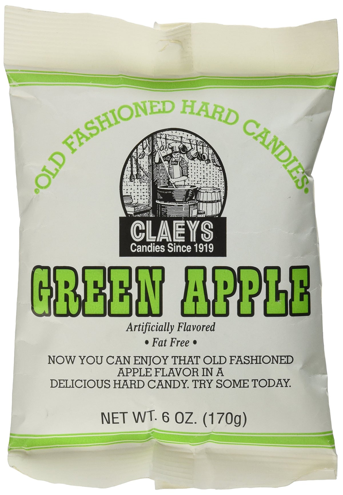Claey's Green Apple hard candy bag showing glossy pieces for a classic treat.