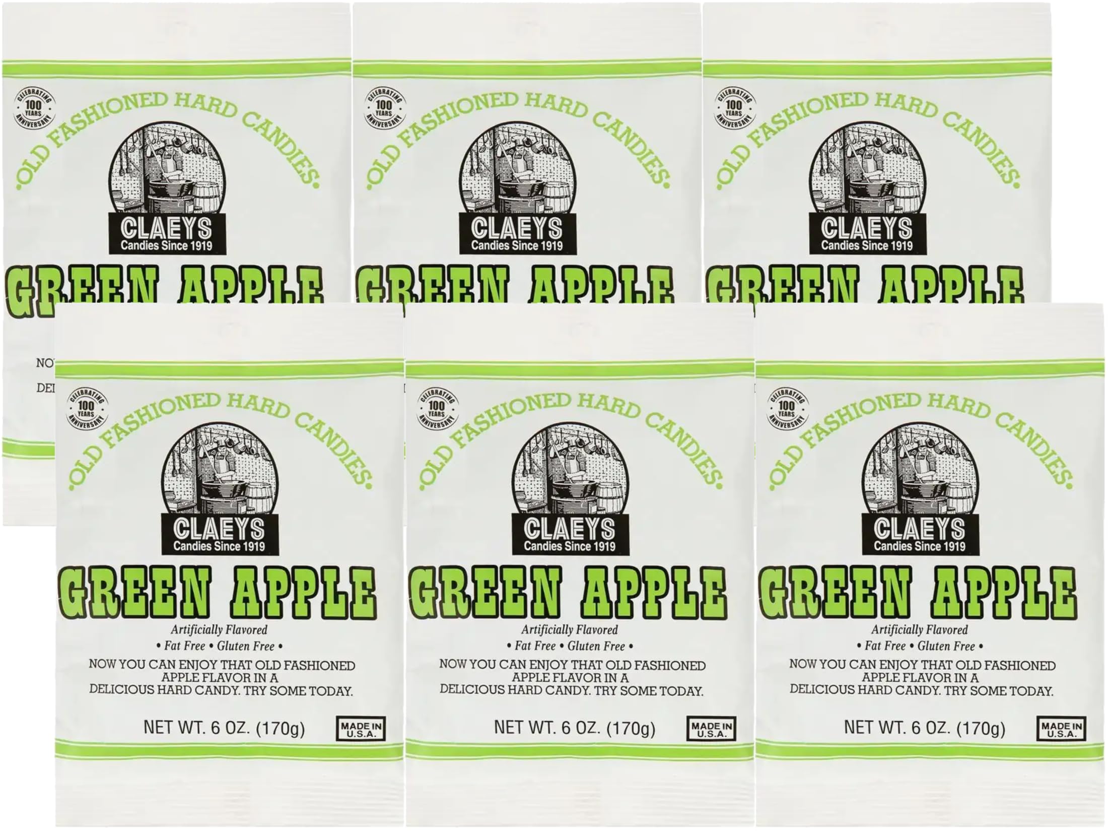 Claeys Green Apple hard candy six-pack bags on display, great for sharing at gatherings.