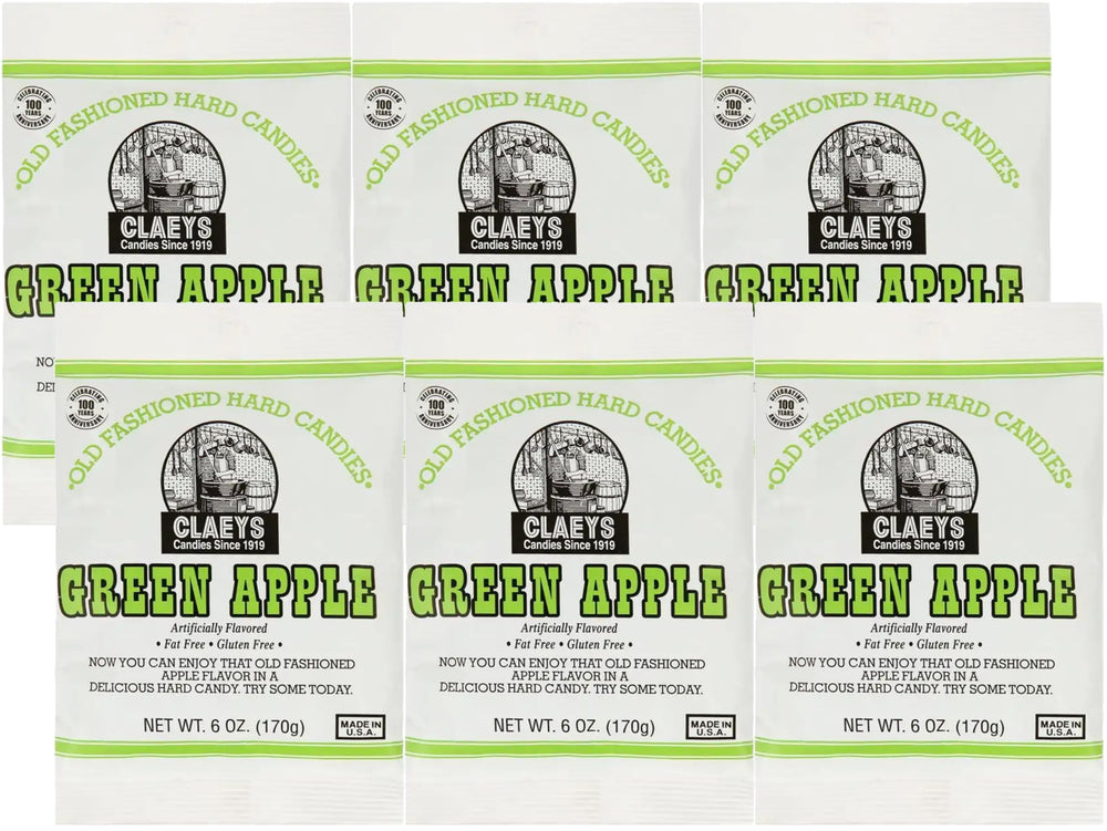 Claeys Green Apple hard candy six-pack bags on display, great for sharing at gatherings.