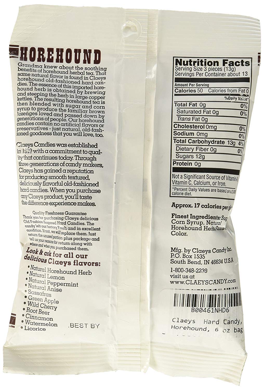Claeys Horehound hard candy front view, traditional packaging ideal for sharing.