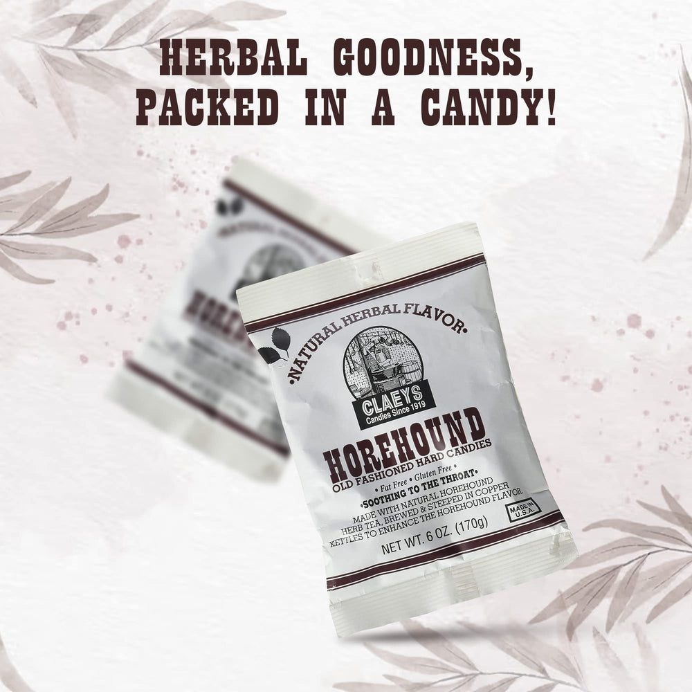 Claeys Horehound hard candy package detail emphasizes the 6 oz serving size.