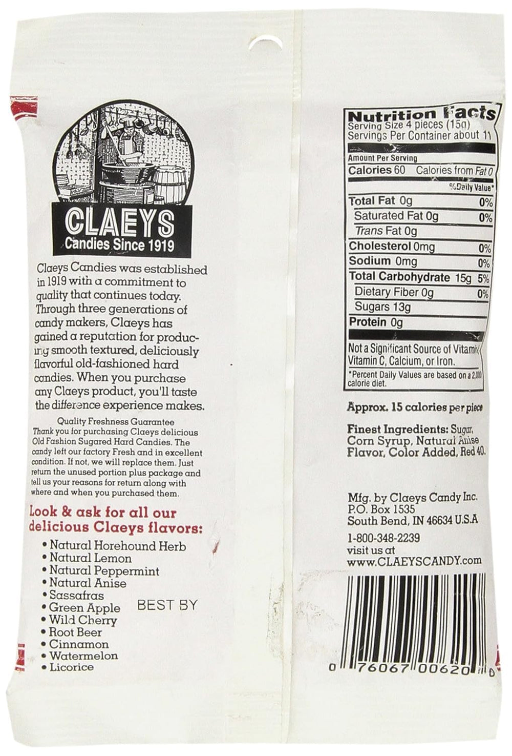 Claey's Natural Anise Drops label closeup, showcasing natural ingredients and branding.