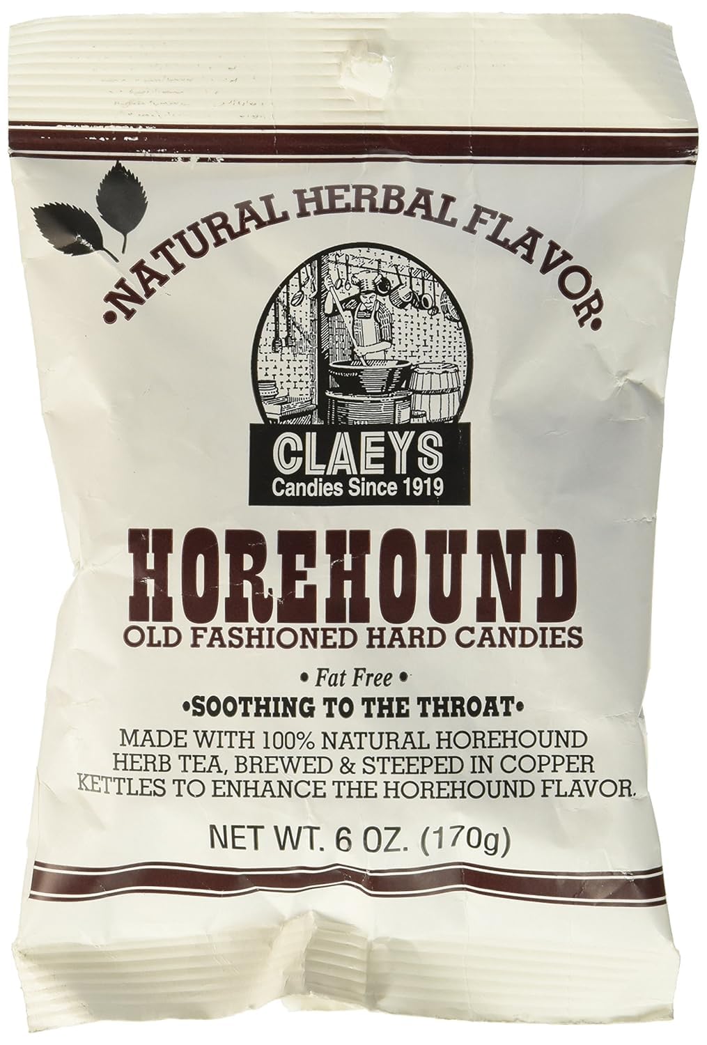 Claeys old-fashioned horehound candy packaging in close-up, a premium USA-made treat.
