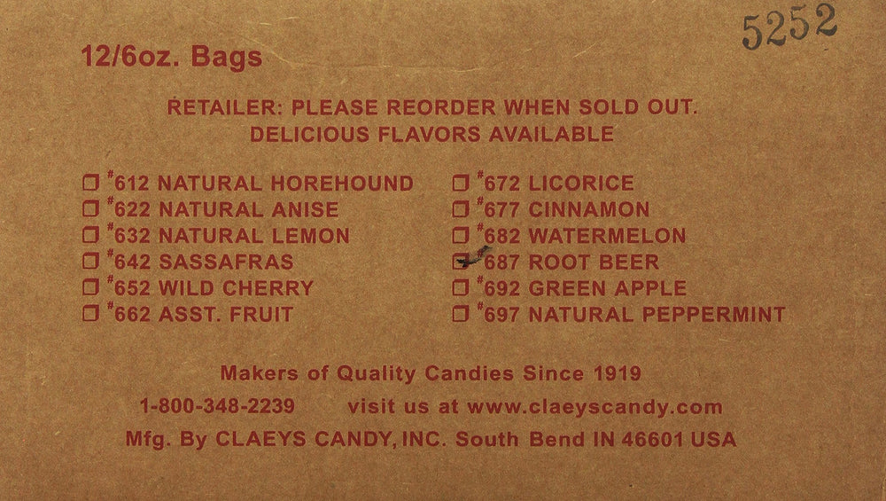 Claeys Root Beer Drops label closeup, showing sealed bottle for freshness.