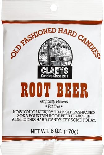 Claey's root beer hard candy close-up shows glossy texture and nostalgic appeal.