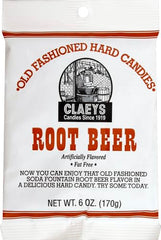 Claey's root beer hard candy close-up shows glossy texture and nostalgic appeal.