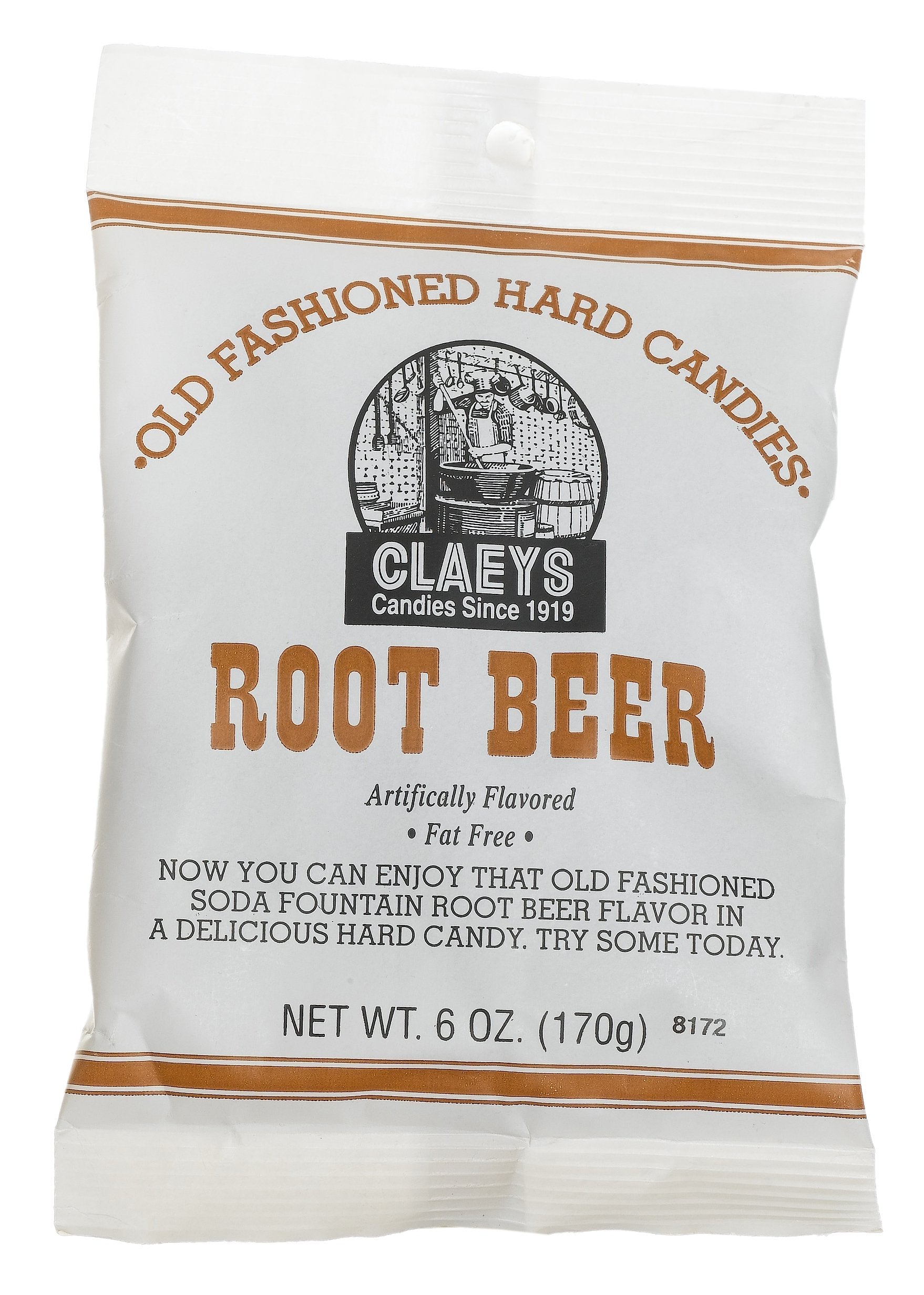 Claey's root beer hard candy 6 oz packfront; classic flavor in a portable bag.