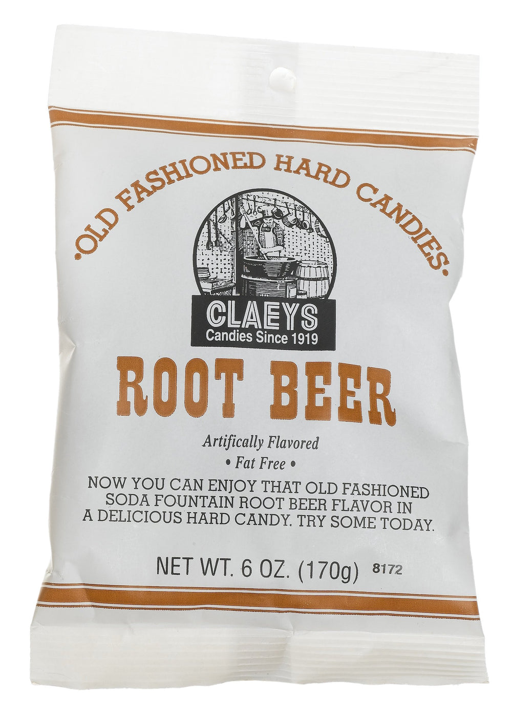 Claey's root beer hard candy 6 oz packfront; classic flavor in a portable bag.