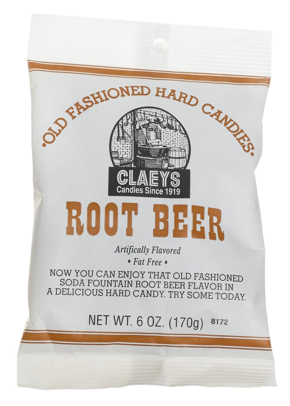 Claey's root beer hard candy 6 oz packfront; classic flavor in a portable bag.