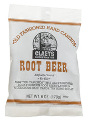 Claey's root beer hard candy 6 oz packfront; classic flavor in a portable bag.
