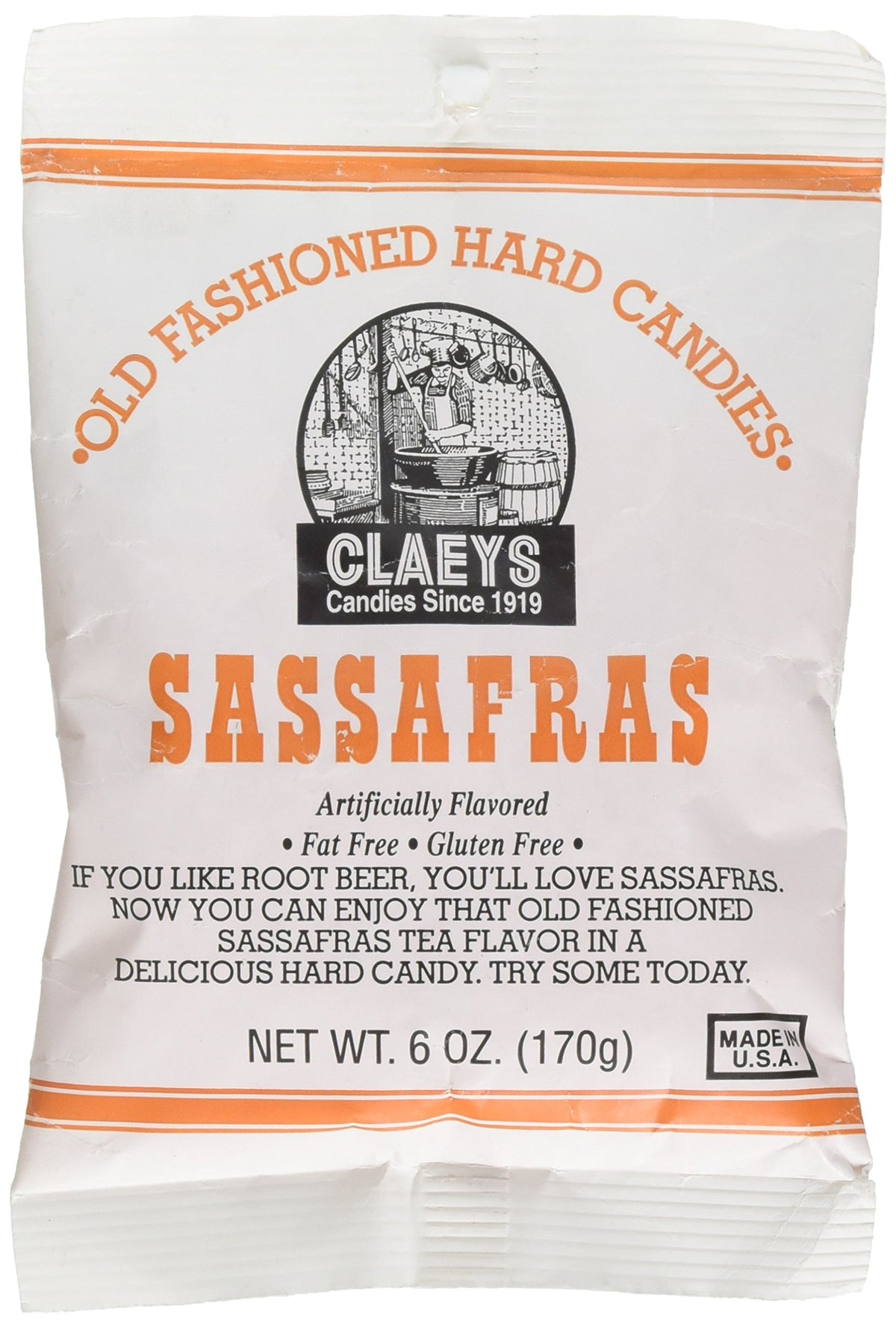 Claeys Sassafras hard candy bag, classic flavor perfect for a nostalgic snack on the go