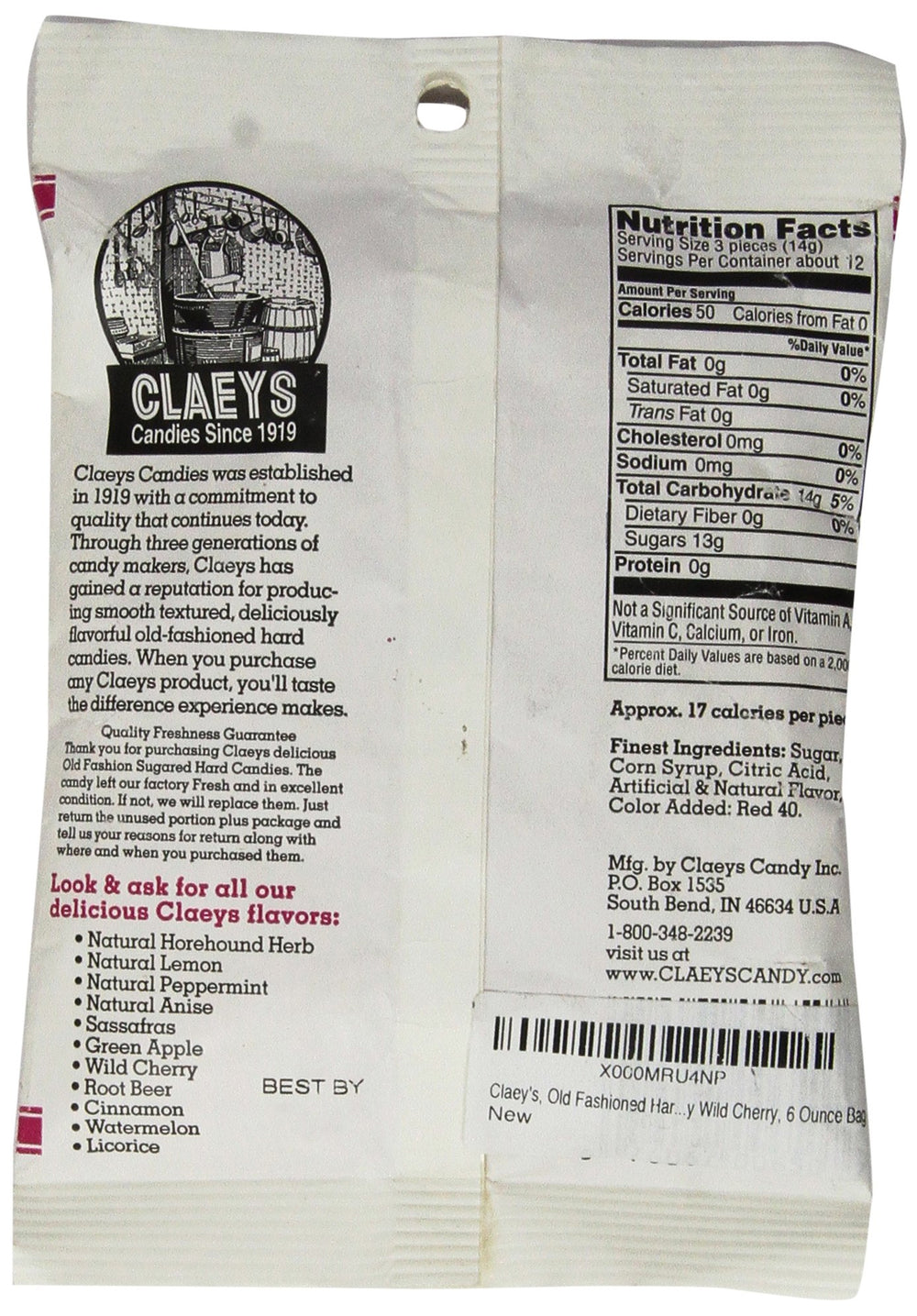 Claey's Wild Cherry hard candy 6oz bag back view, labeling and bite-sized pieces.