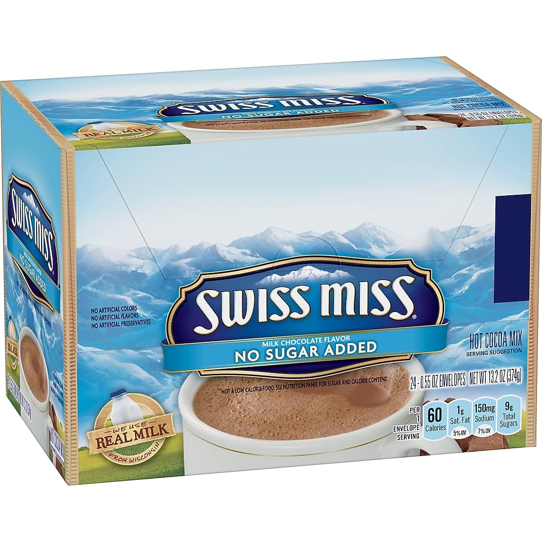 Swiss Miss no sugar added packet close-up by Classic Coffee Concepts for quick cocoa warmth.