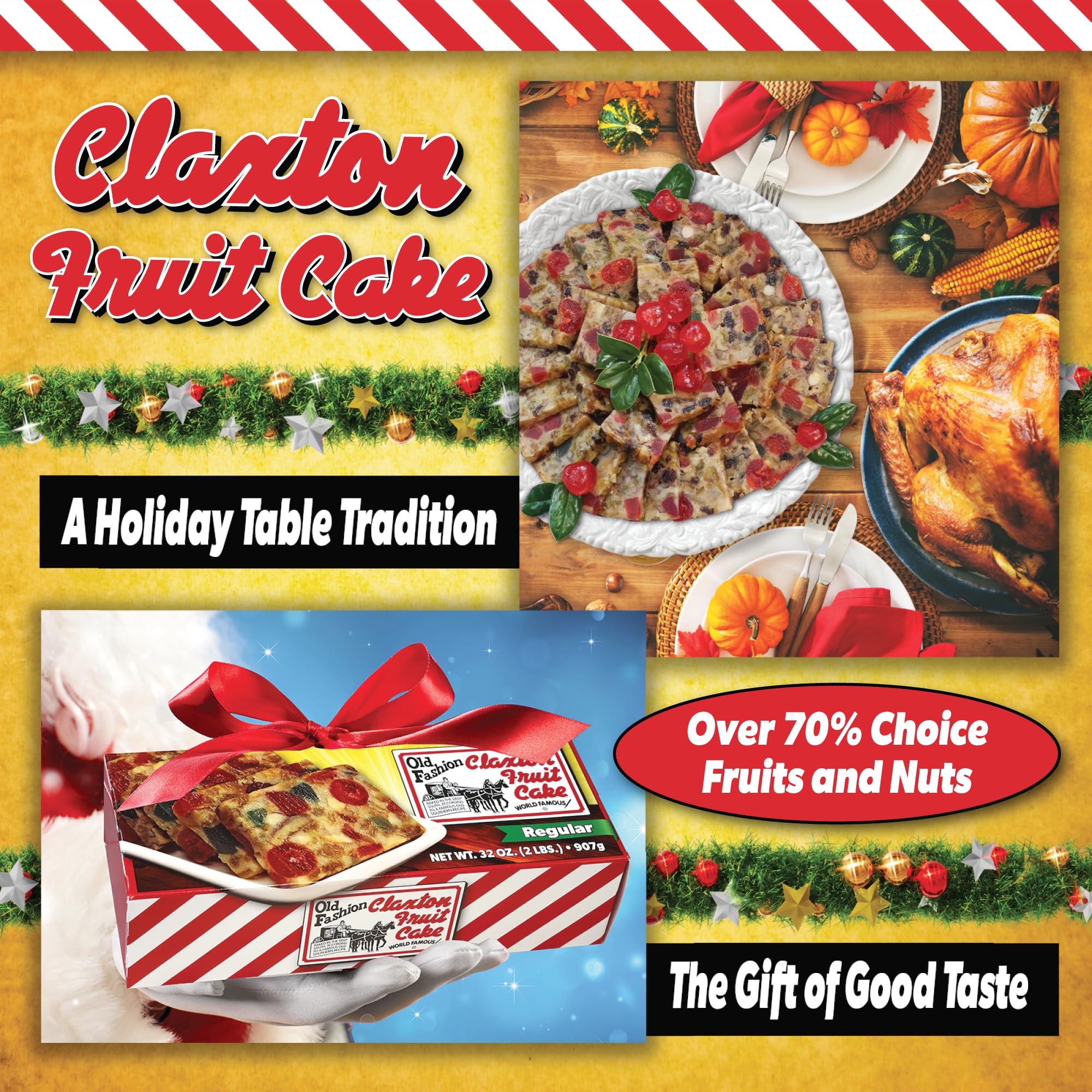 Claxton Fruit Cake 3-pack gift ready cartons with individually wrapped loaves.