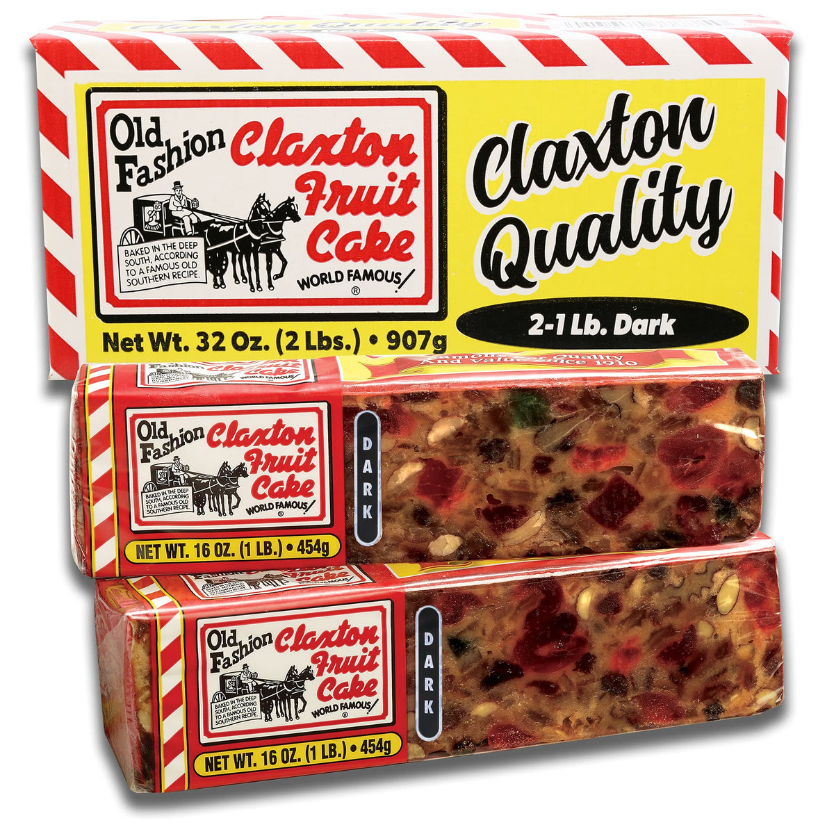 Claxton Fruit Cake box with signature red-and-white stripes, ideal for gifting