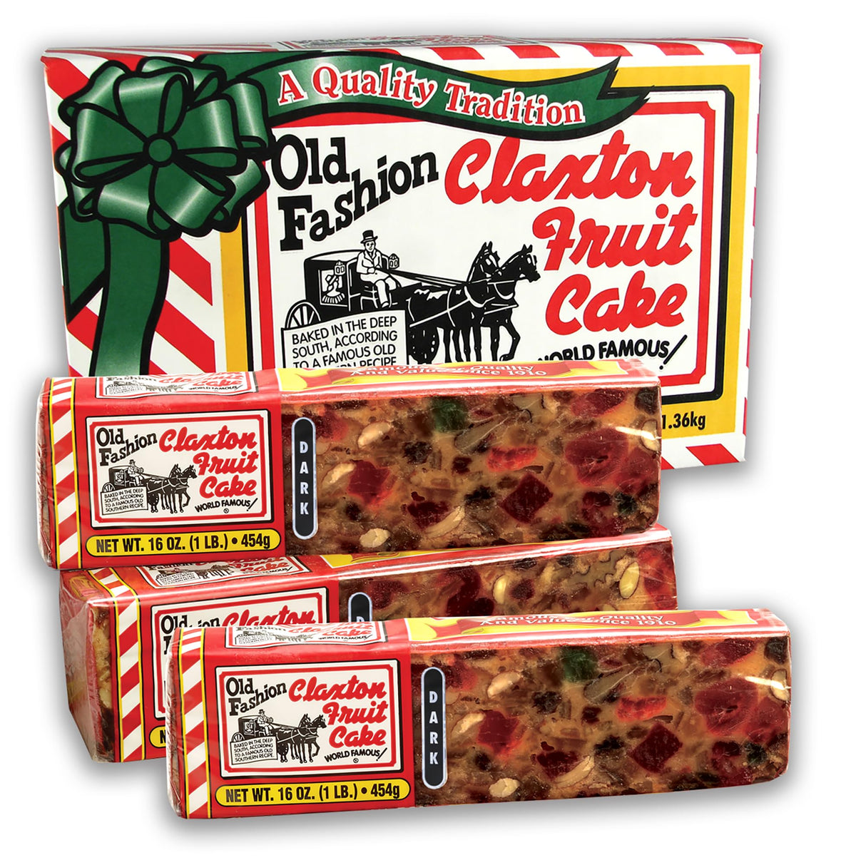 Claxton Fruit Cake dark recipe three-pack carton ready for gifting.
