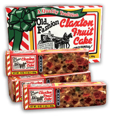 Claxton Fruit Cake dark recipe three-pack carton ready for gifting.