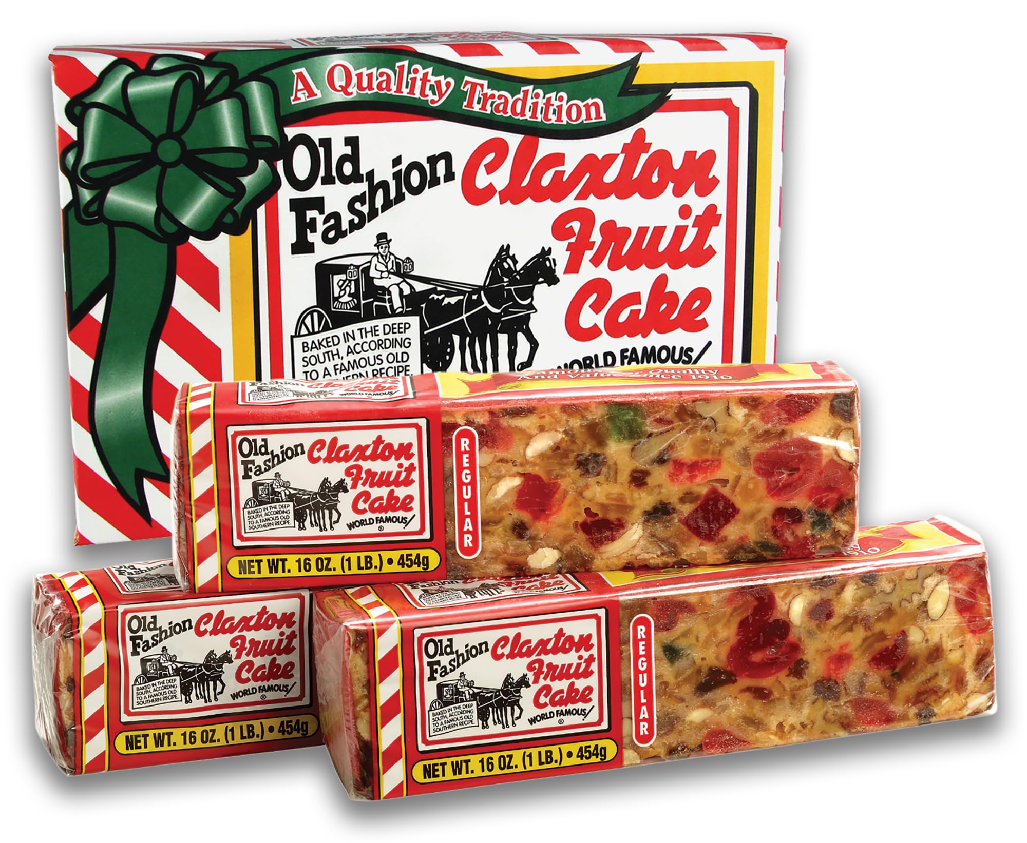Claxton Fruit Cake 3-pack carton with regular recipe loaves for gifting and sharing.