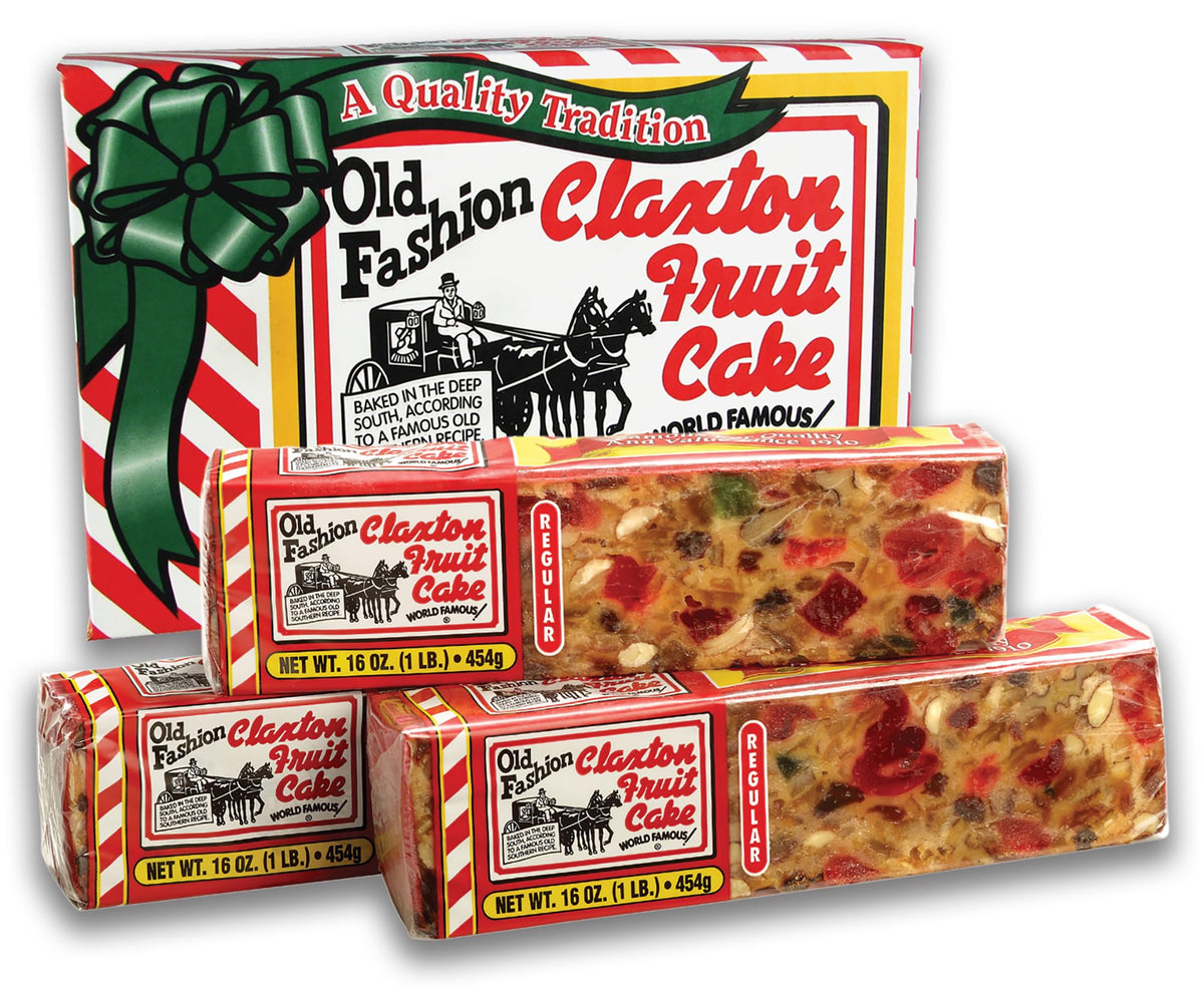 Claxton Fruit Cake 3-pack carton with regular recipe loaves for gifting and sharing.