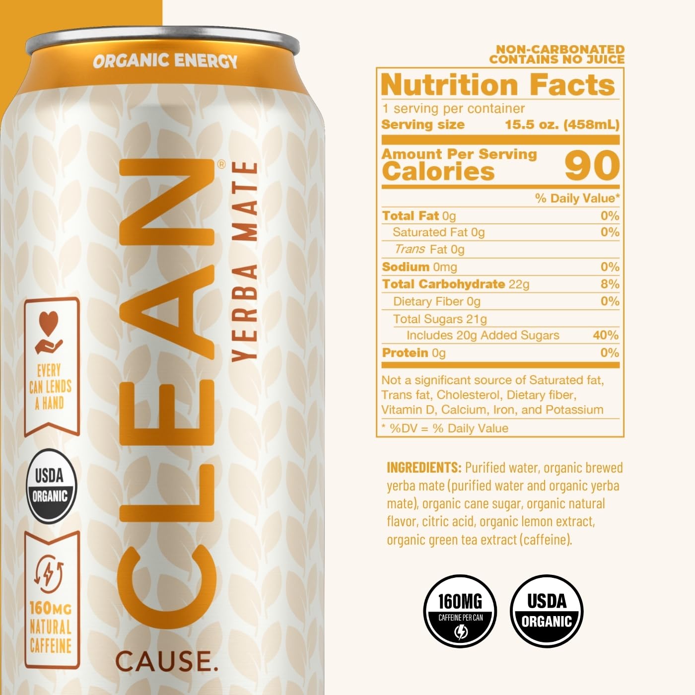 CLEAN CAUSE Lemonade Tea Yerba Mate can side shows 160 mg natural caffeine for steady focus.