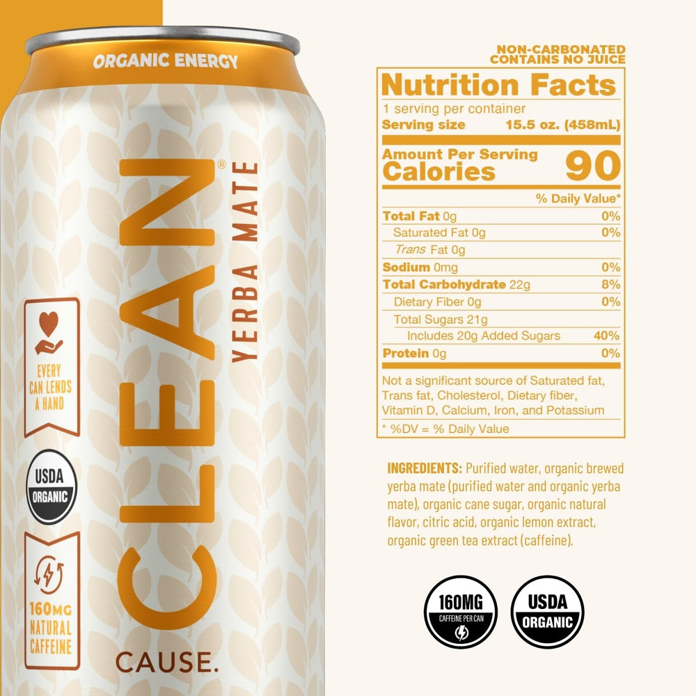CLEAN CAUSE Lemonade Tea Yerba Mate can side shows 160 mg natural caffeine for steady focus.