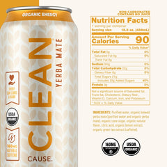 CLEAN CAUSE Lemonade Tea Yerba Mate can side shows 160 mg natural caffeine for steady focus.