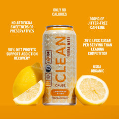 CLEAN CAUSE Lemonade Tea Yerba Mate case-pack highlights USDA Organic and low-sugar appeal.