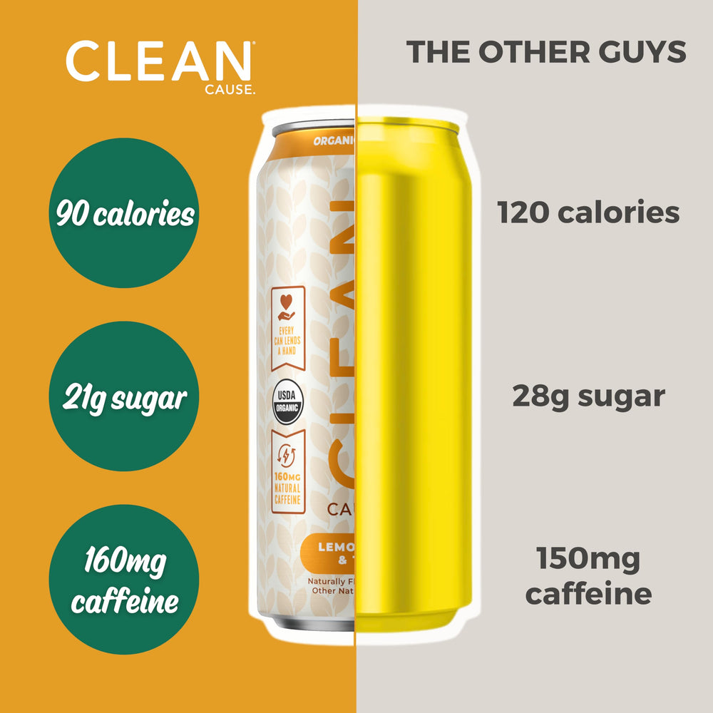 CLEAN CAUSE Lemonade Tea Yerba Mate energy-boost image highlights a non-carbonated option.